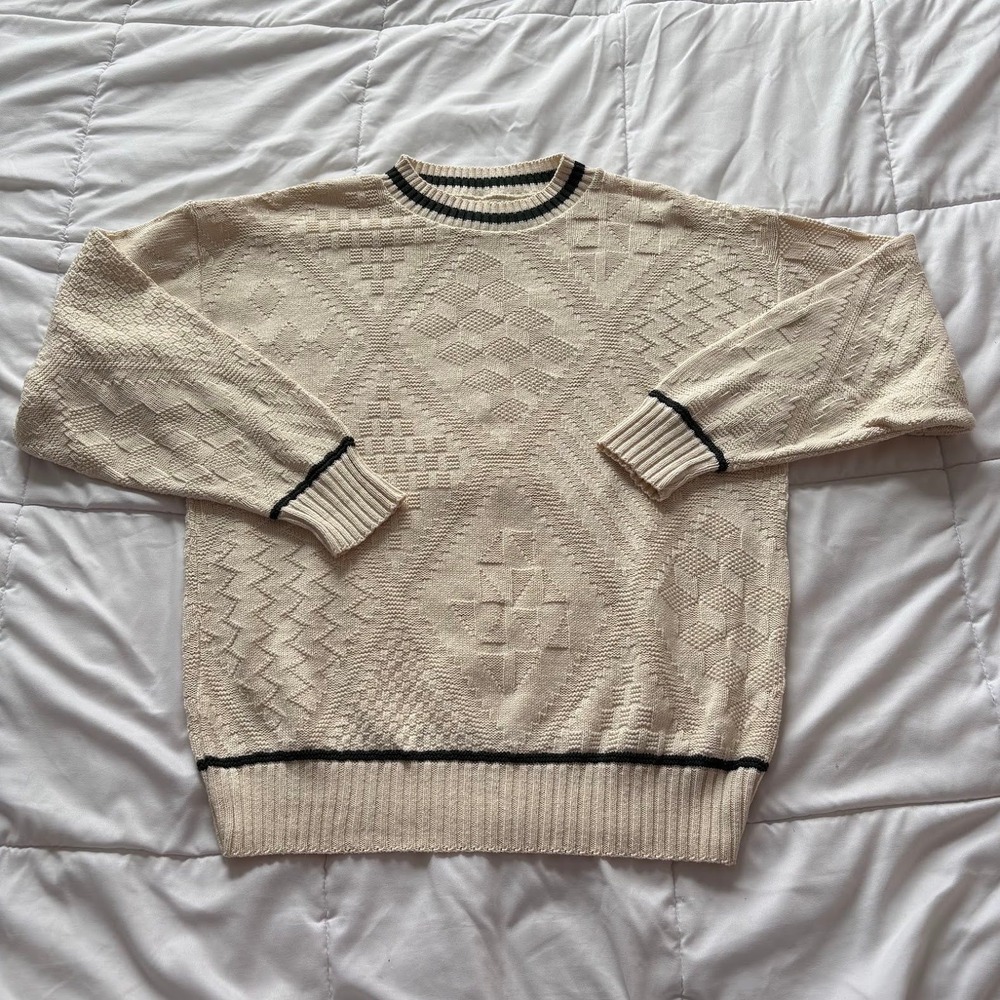 Vintage McBriar Mens Cream Textured 100% Cotton Knit Sweater  Made in USA 90s